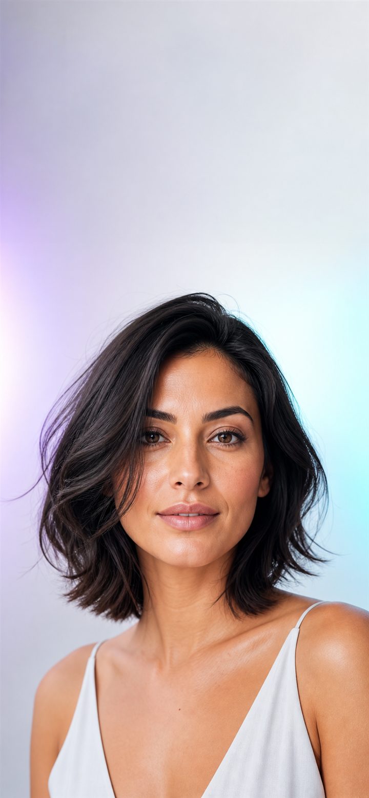 KI-generiertes Beauty-Porträt mit dunklem, kinnlangem Bob